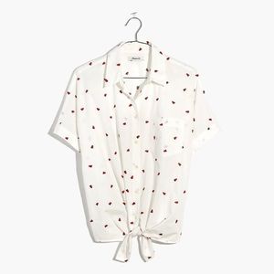 Strawberry Embroidered Short Sleeve Tie Shirt